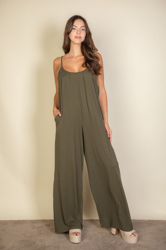 Spaghetti strap solid wide jumpsuit