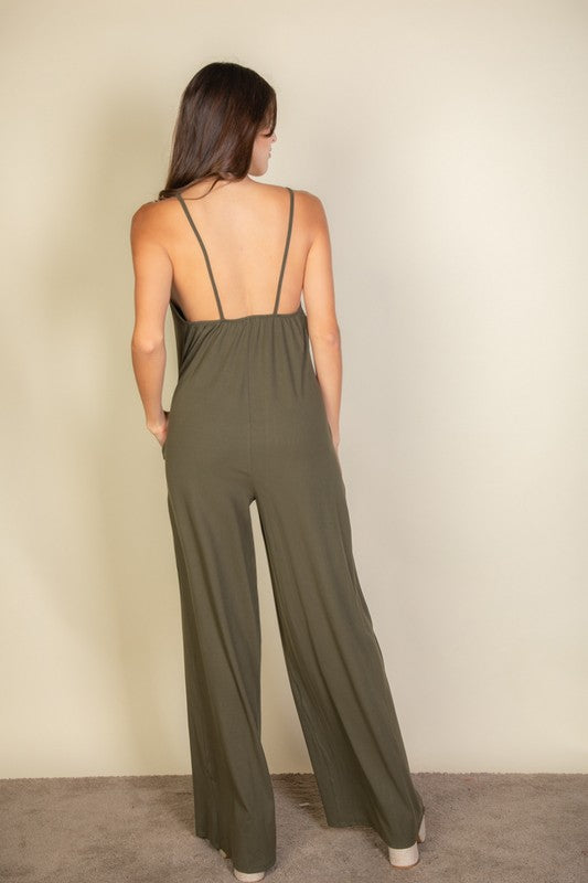 Spaghetti strap solid wide jumpsuit