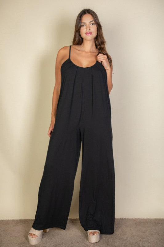 Plus Spaghetti strap solid wide jumpsuit