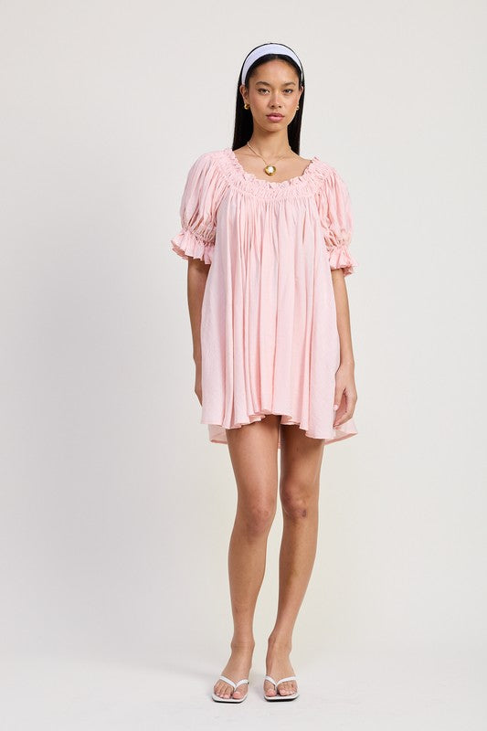 MINI EMBROIDERY SHORT PUFF SLEEVE DRESS