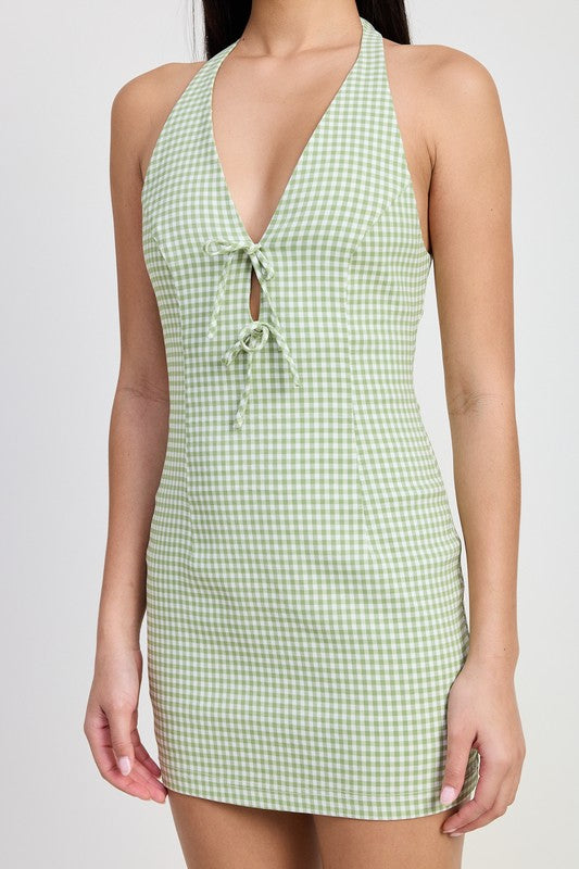 GINGHAM HALTER MINI DRESS